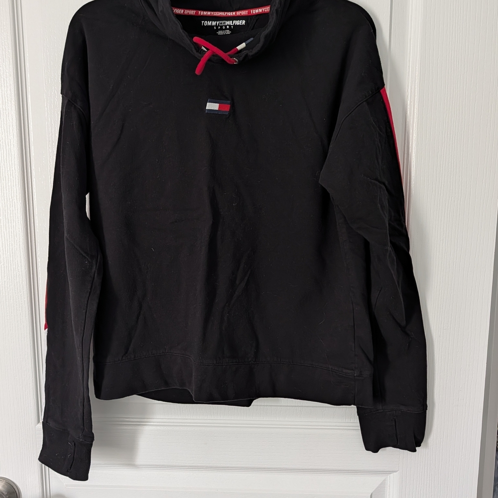 Tommy Hilfiger Black Funnel Neck Sweatshirt with Red & White Sleeve Details- L